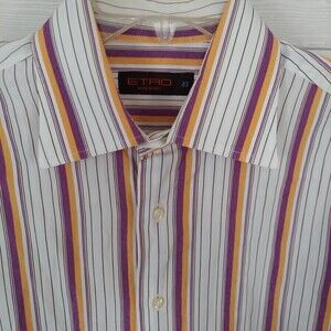 Etro Men's Button Front Shirt Purple Gold Striped Long Sleeve Italy Size 43